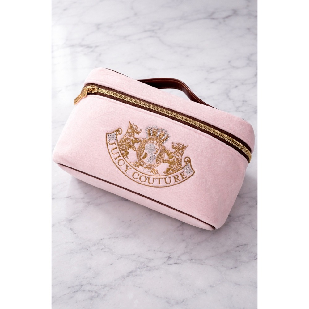 Juicy Couture Makeup Bag Women OS Pink Excellent Y2K Velour Crest Vanity Case